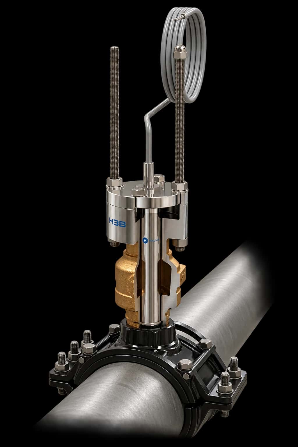 Cutaway illustration of a Halogen chlorine sensor installed directly in a pipe