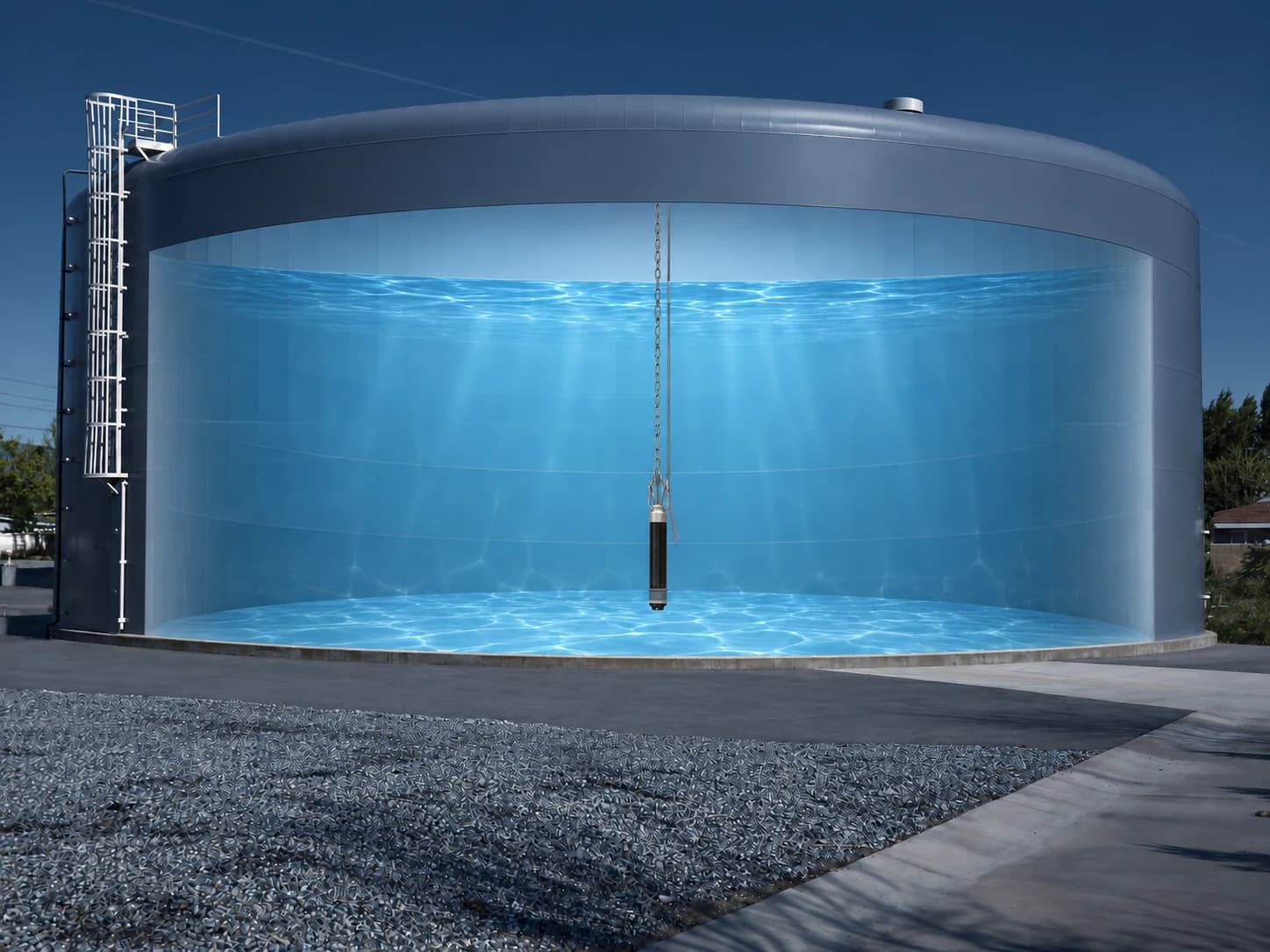 Cutaway of a blue-gray reservoir showing a single sensor suspended by a chain directly in the stored water, above the tank floor