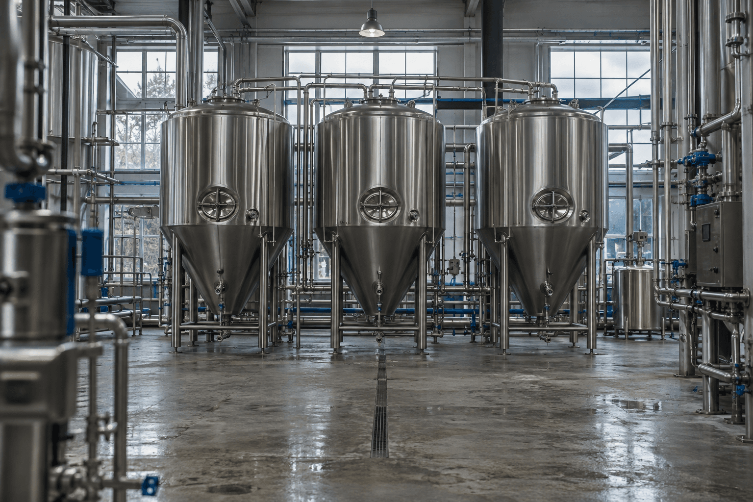 Representative brewery with stainless steel vessels and utility pipework