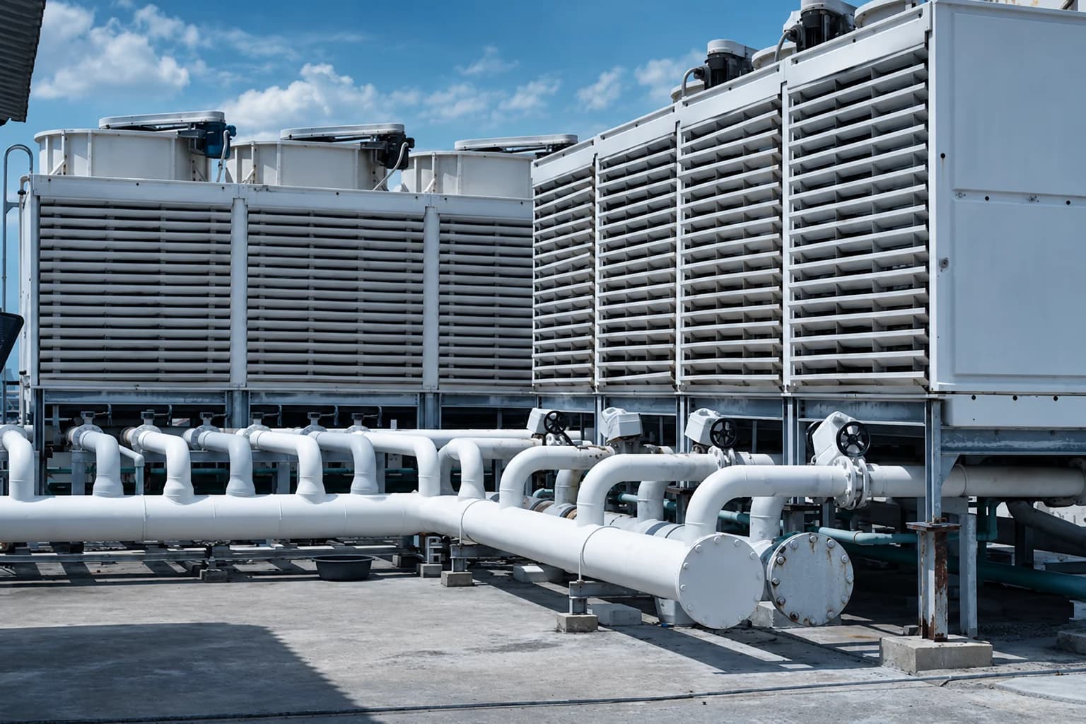 Cooling towers with louvered panels and white water pipework, color-treated to match the Halogen website
