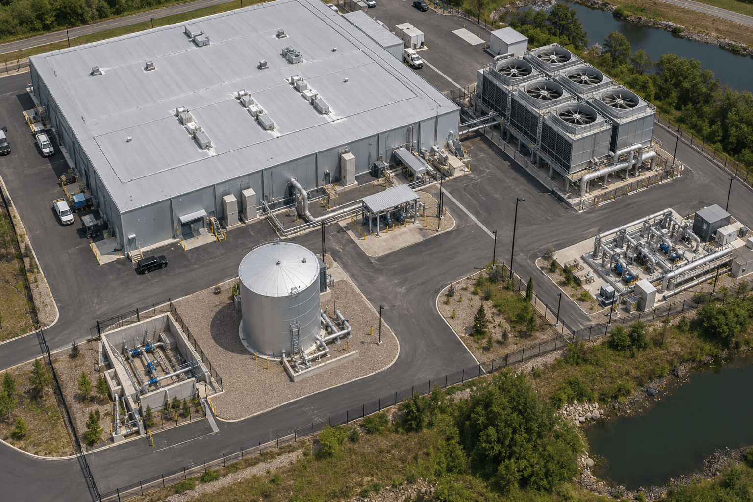 Photorealistic generated aerial view of a representative data center with a water inlet, storage tank, makeup equipment, cooling towers and a separate mechanical yard
