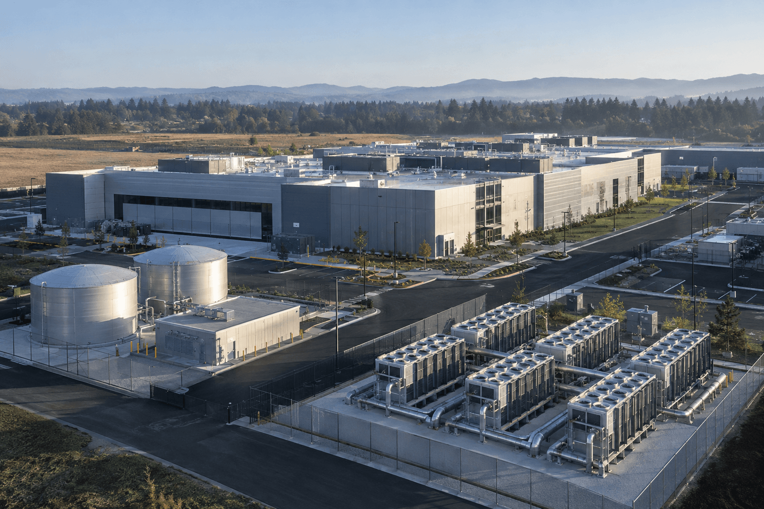 Generated concept of a data-center campus with cooling equipment and water storage tanks