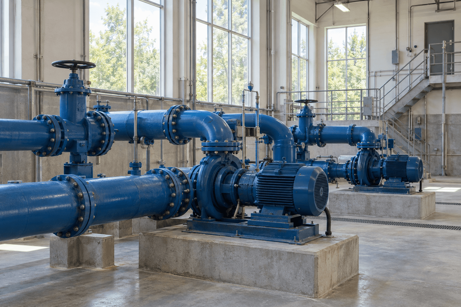 Representative drinking-water pumping station with blue pipes and pumps