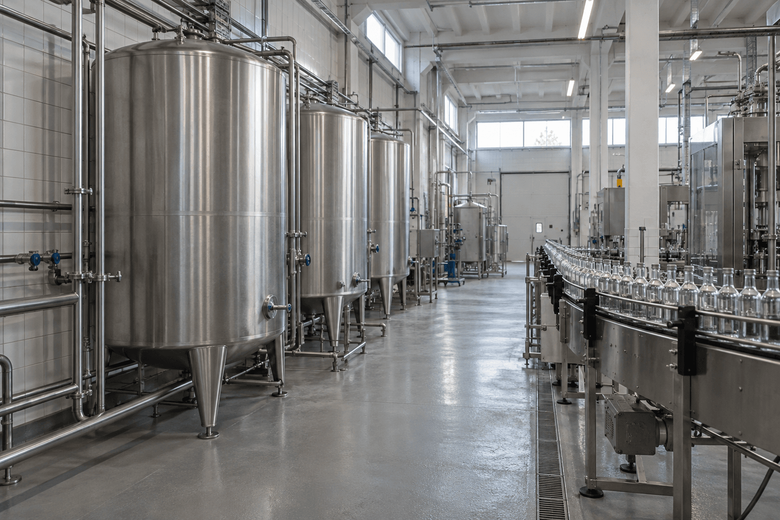 Representative scene of stainless steel tanks and a bottling line in a beverage facility