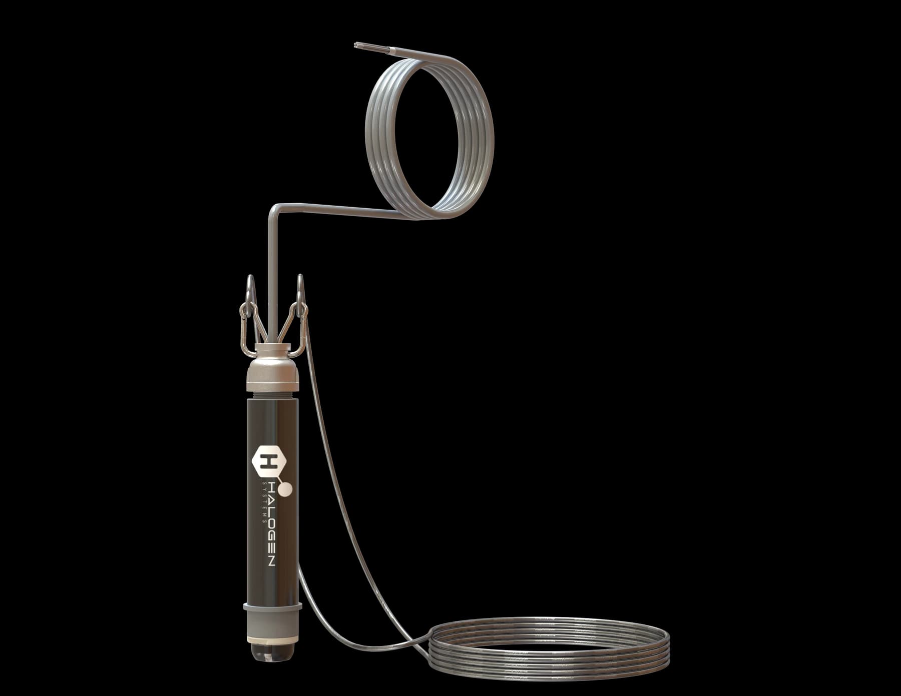 Complete black-label MP-Total immersion sensor with coiled electrical cable and suspension cable