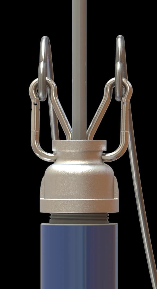 Close-up of the blue-label MP5 Free immersion sensor with its stainless suspension bracket, clips and cable