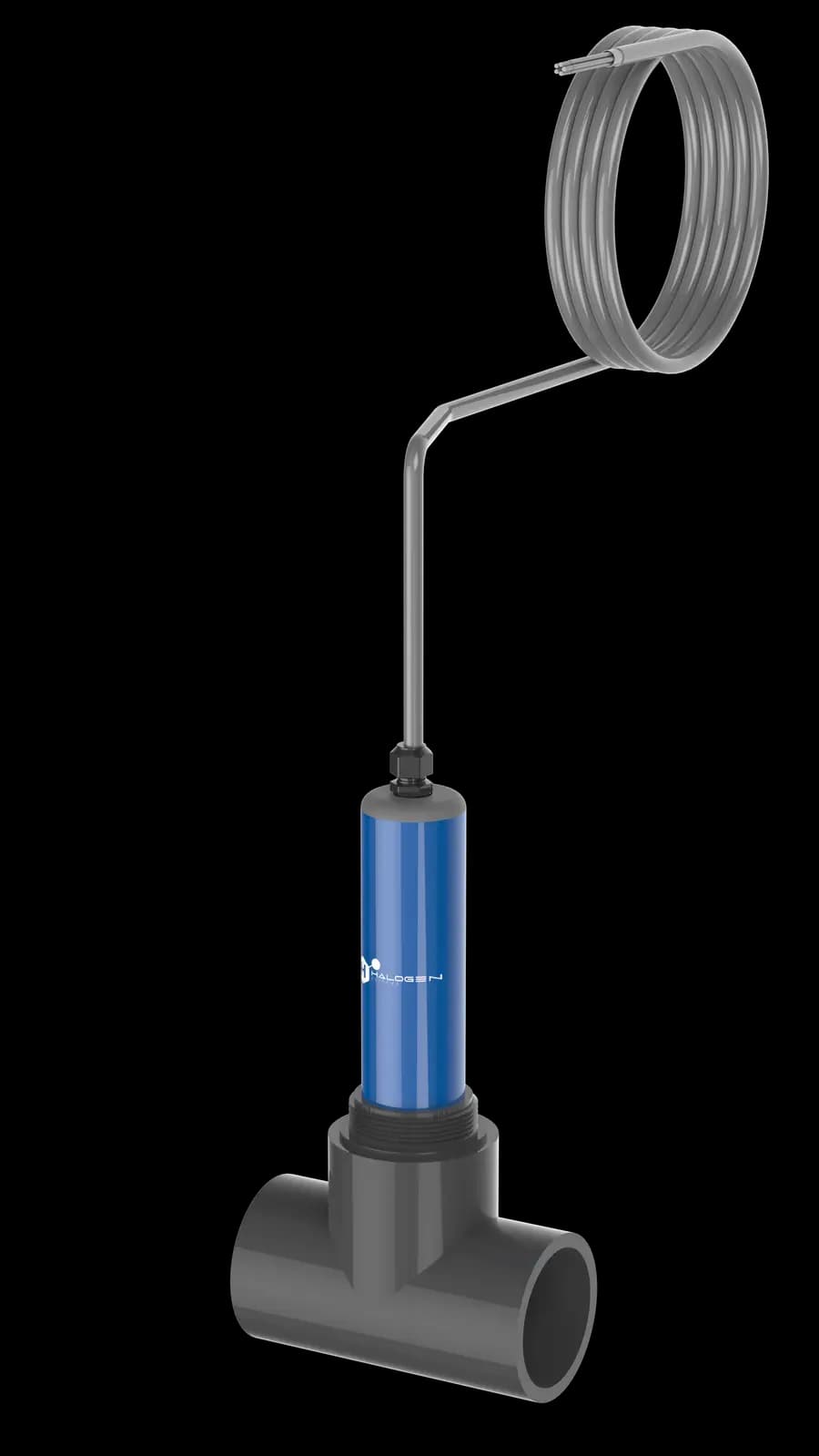 Sensore Halogen montato in raccordo a T in PVC per installazione diretta in tubazione