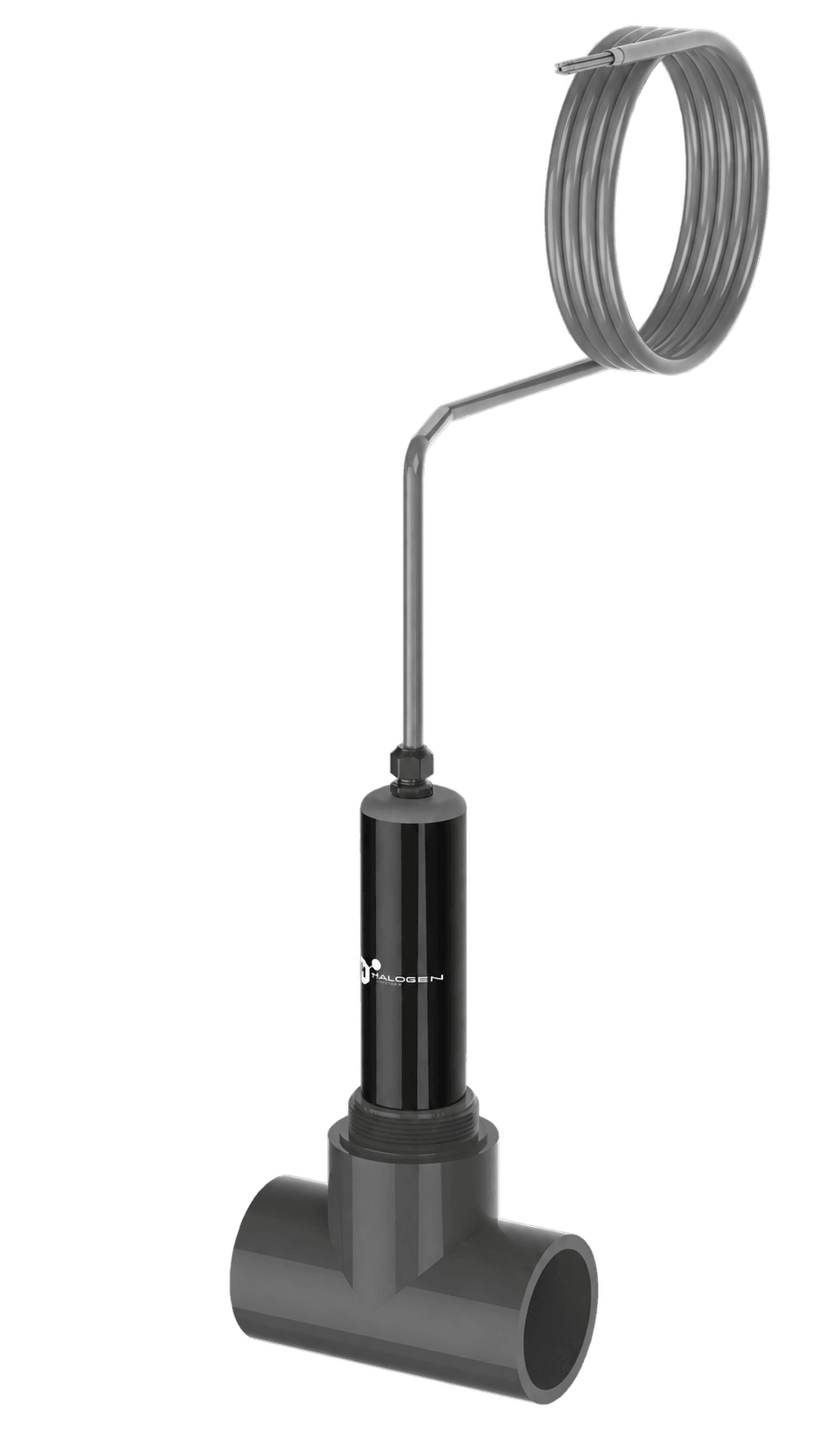 Black-label MP-TOTAL sensor installed in a gray PVC tee