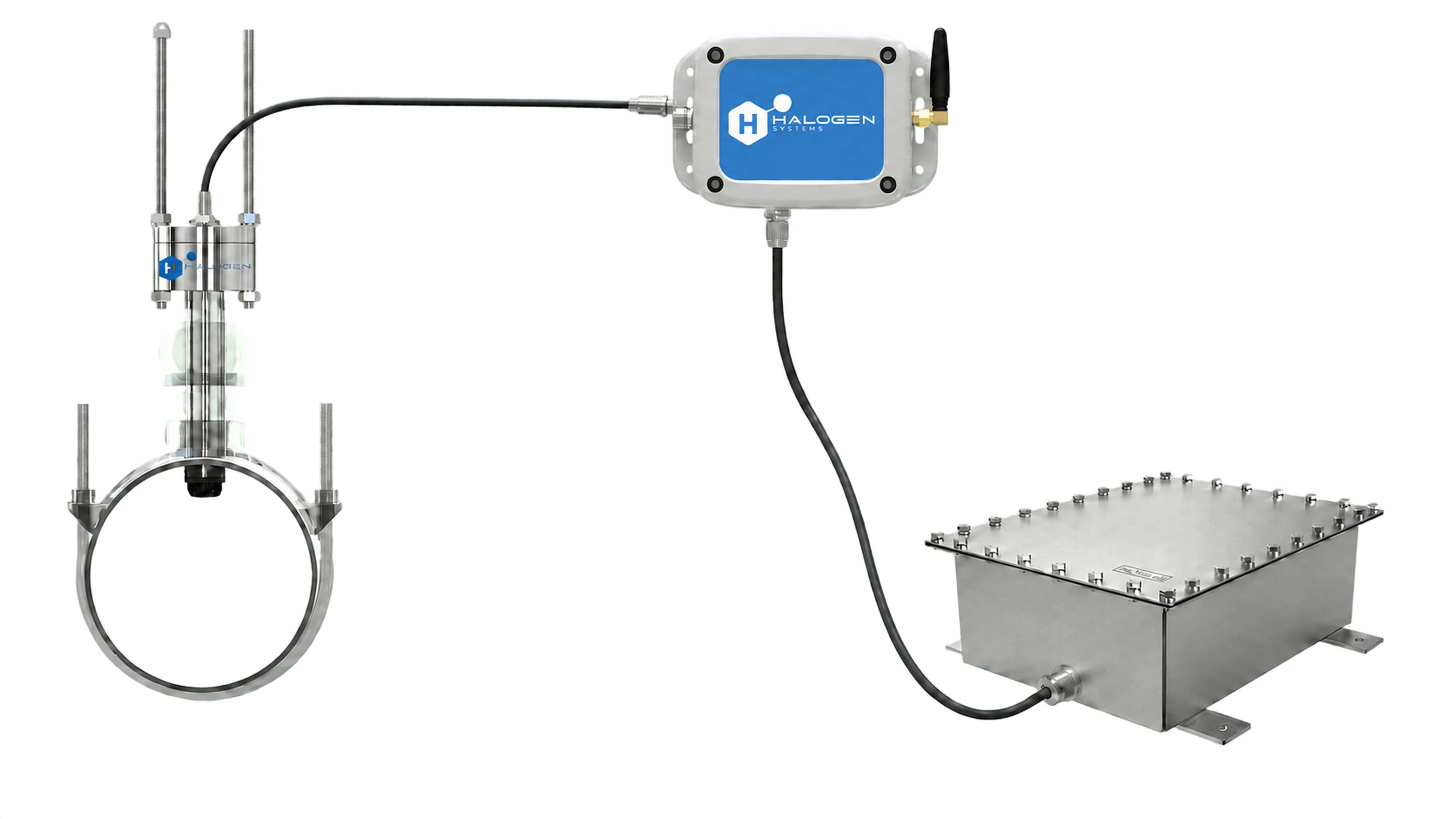Assieme di monitoraggio remoto Halogen con sensore a inserzione in pressione, Smart Box e involucro batteria collegato