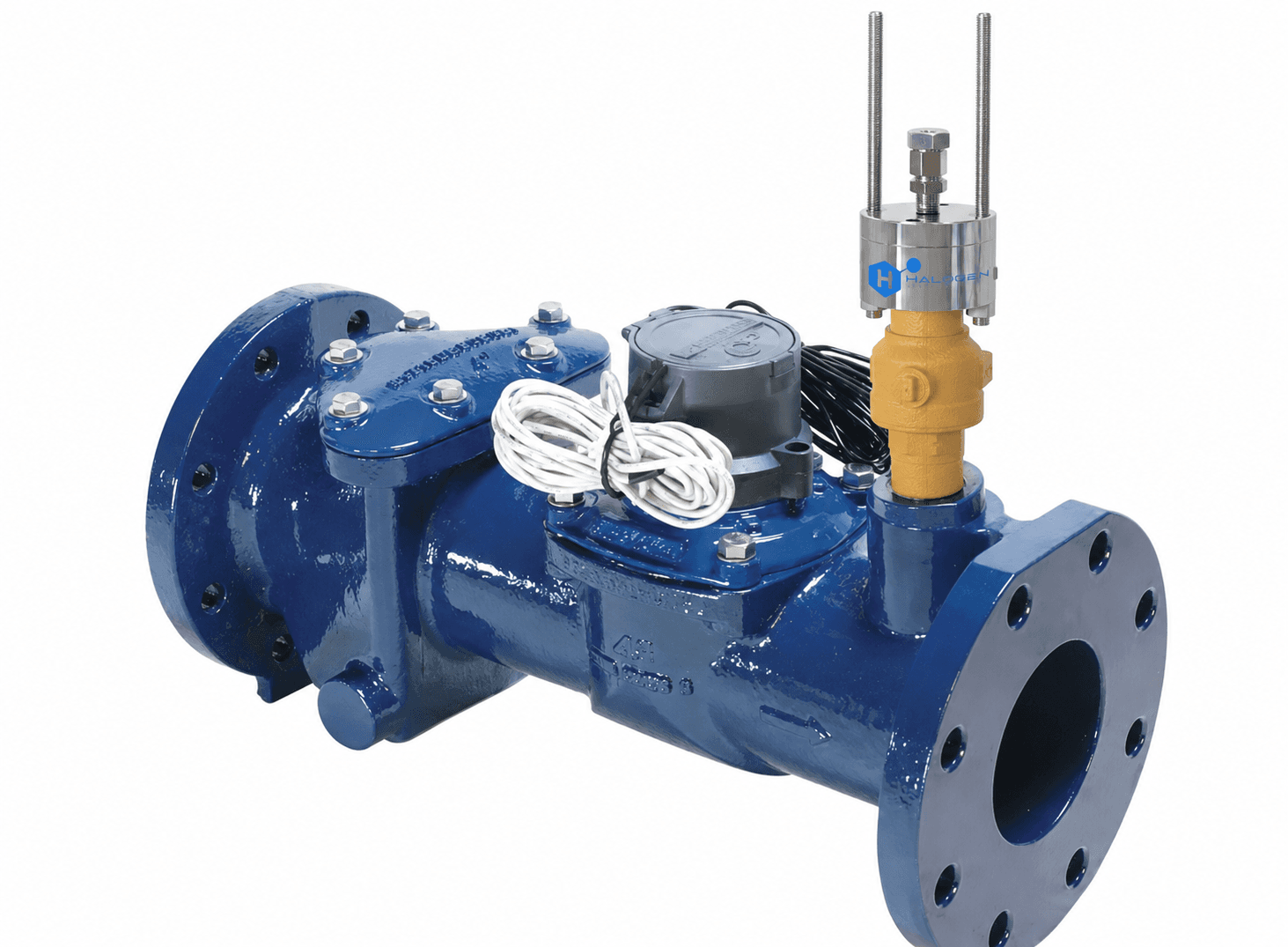Sensore Halogen a inserzione in pressione montato su un assieme contatore d’acqua flangiato blu