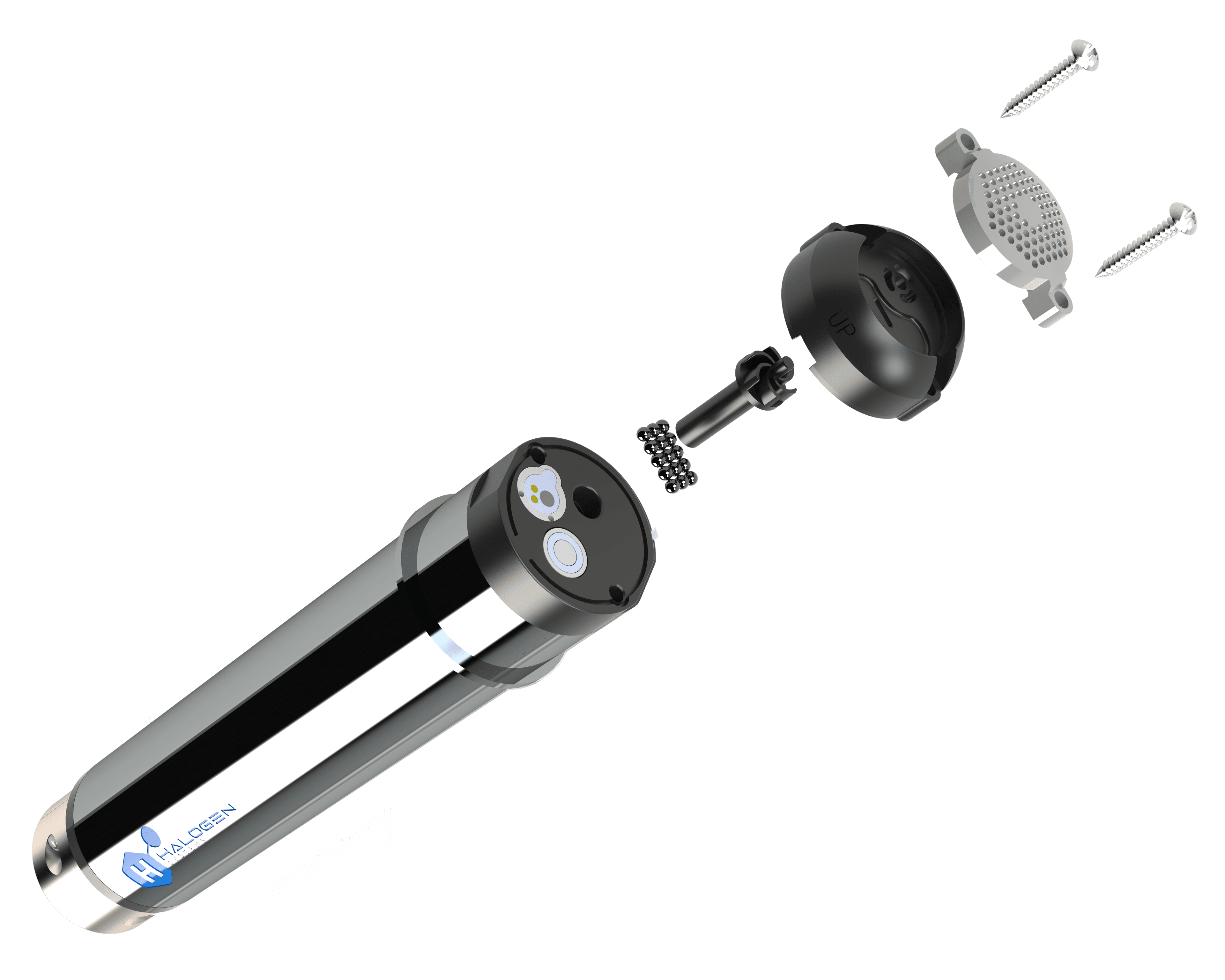 Exploded Halogen sensor assembly showing the electrode face, cleaning media, impeller, cover and retaining screws