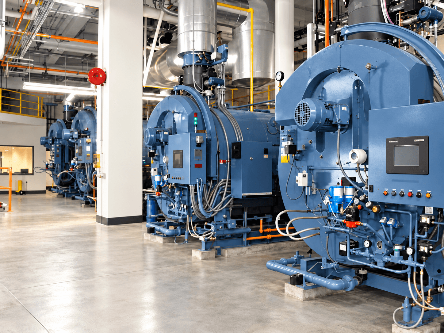 Industrial boiler facility with slate-blue boiler housings, control panels and stainless-steel pipework
