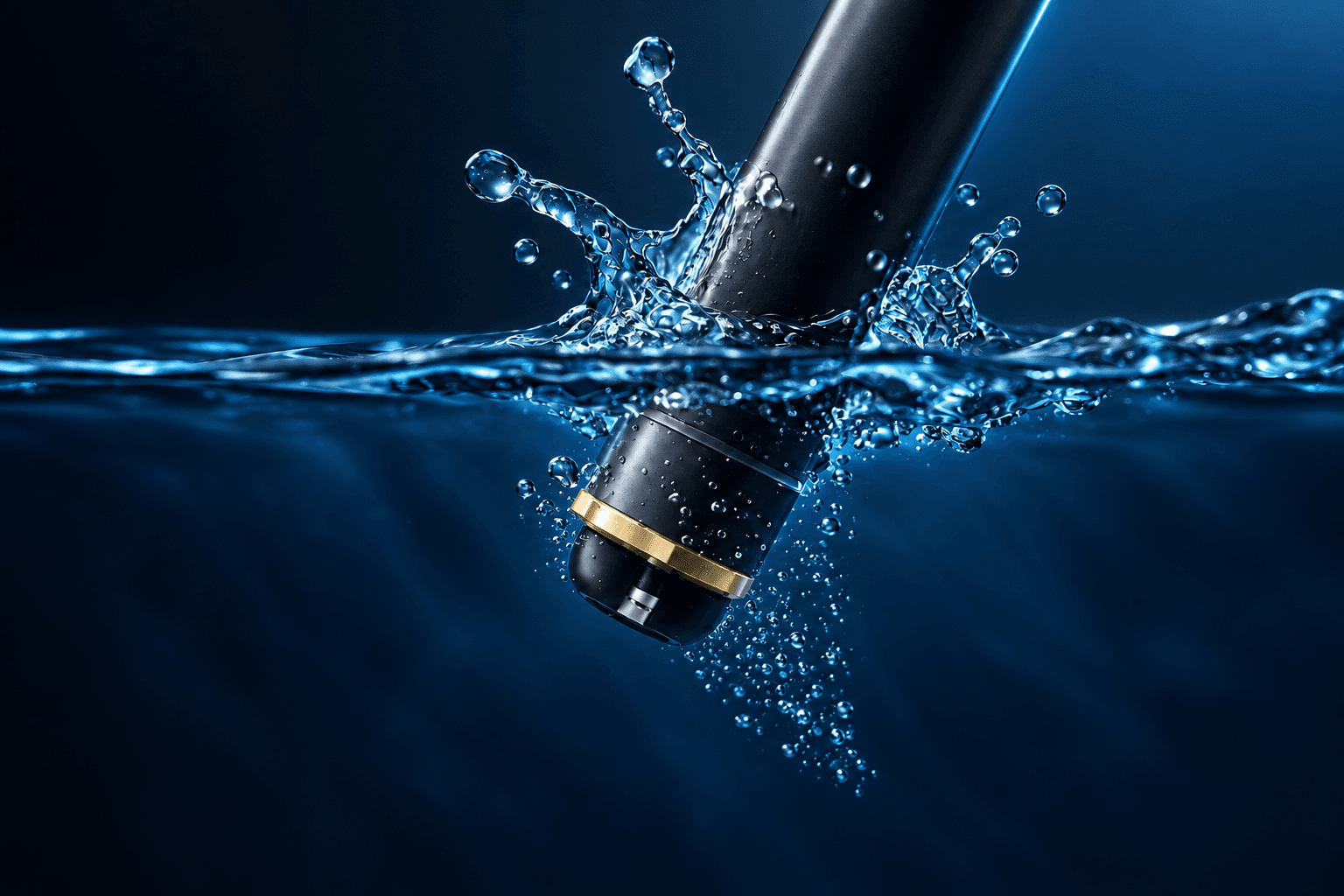 Submersible chlorine sensor entering blue water
