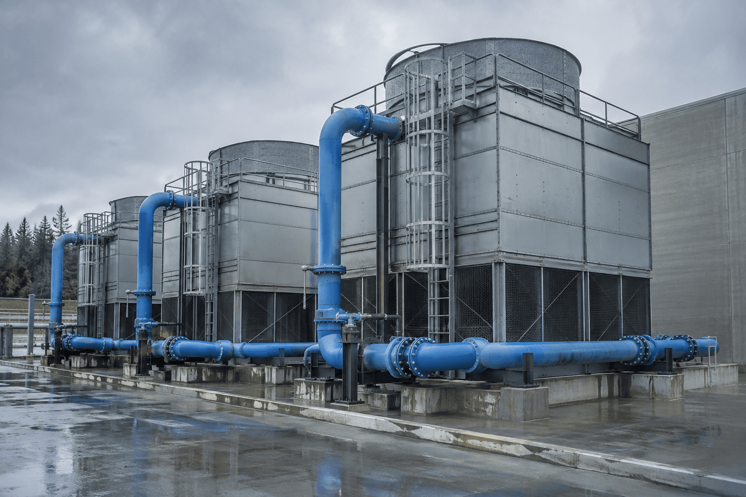 Generated concept of data-center cooling towers with blue water pipework