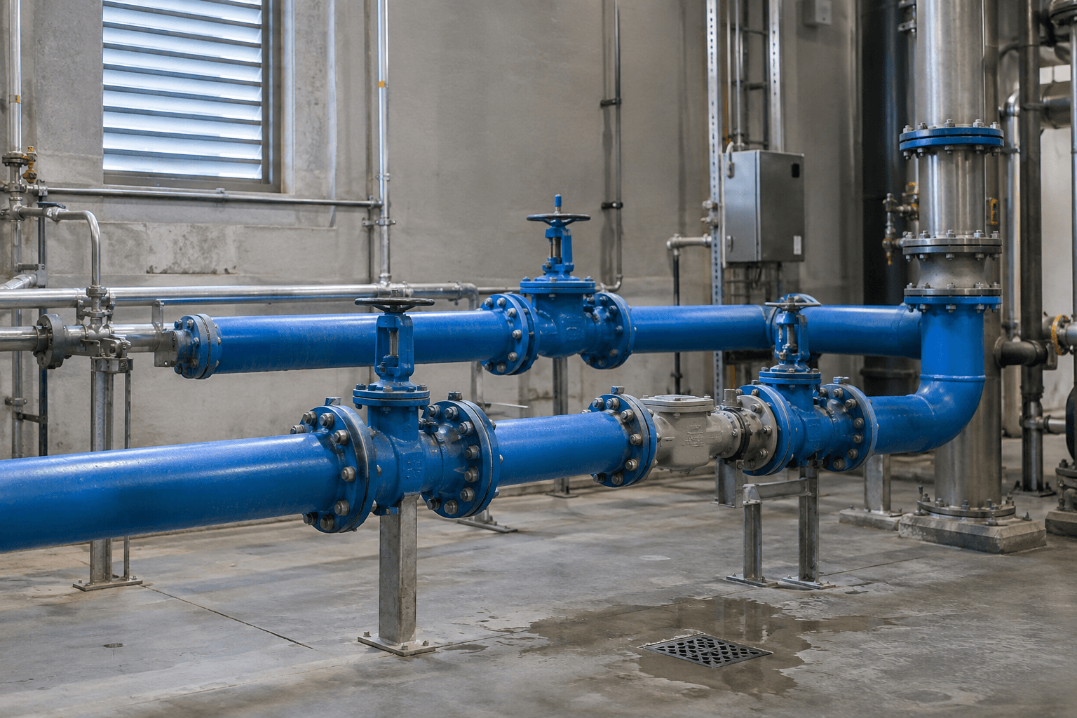Generated concept of incoming-water pipes, valves and a meter in a mechanical room