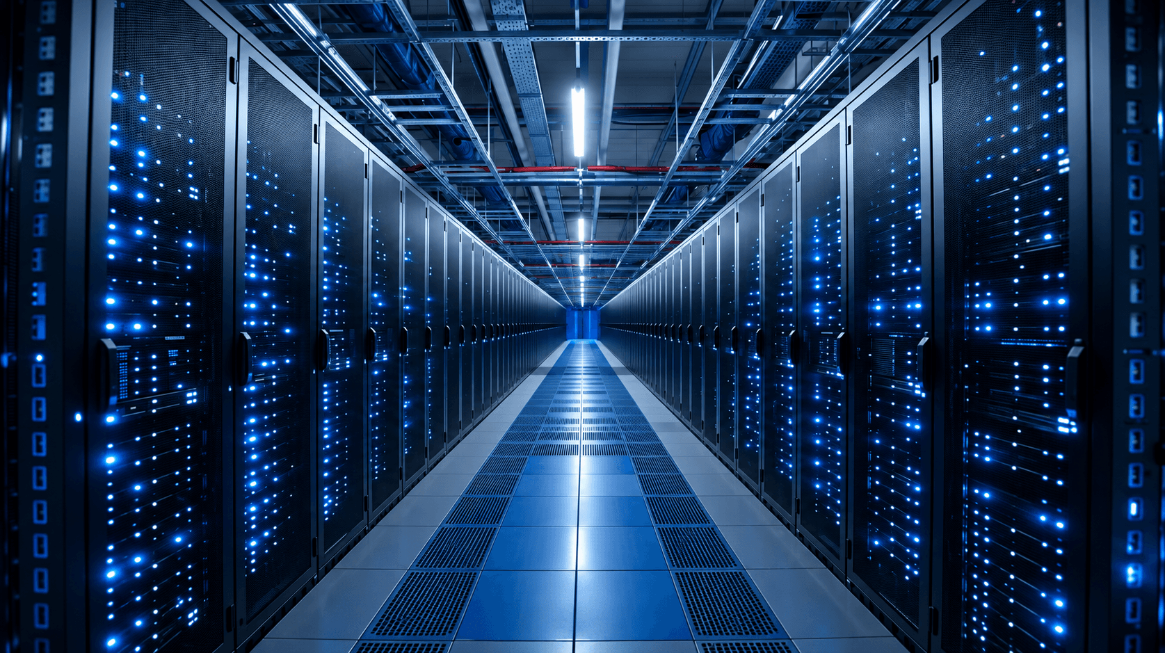 Midnight-blue data-center aisle with illuminated server racks and overhead cable trays