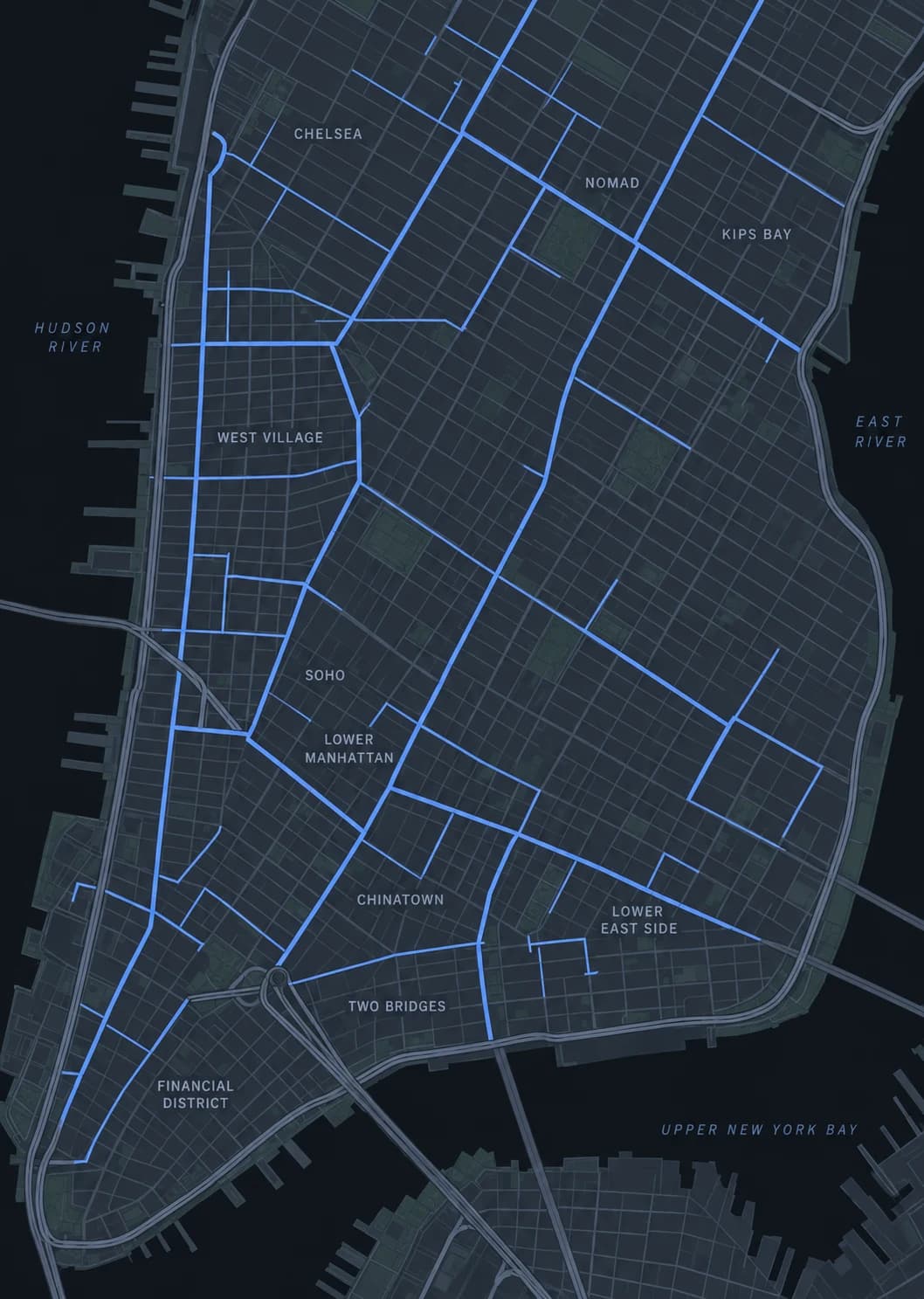 Sfondo stilizzato di Manhattan per una rete idrica immaginaria da nord a sud