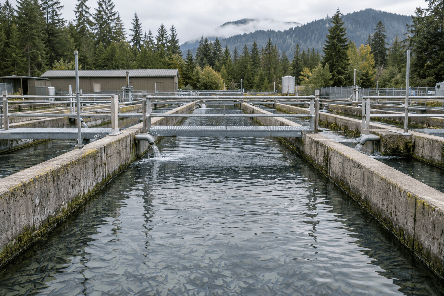 Representative freshwater hatchery with fish in flowing concrete raceways