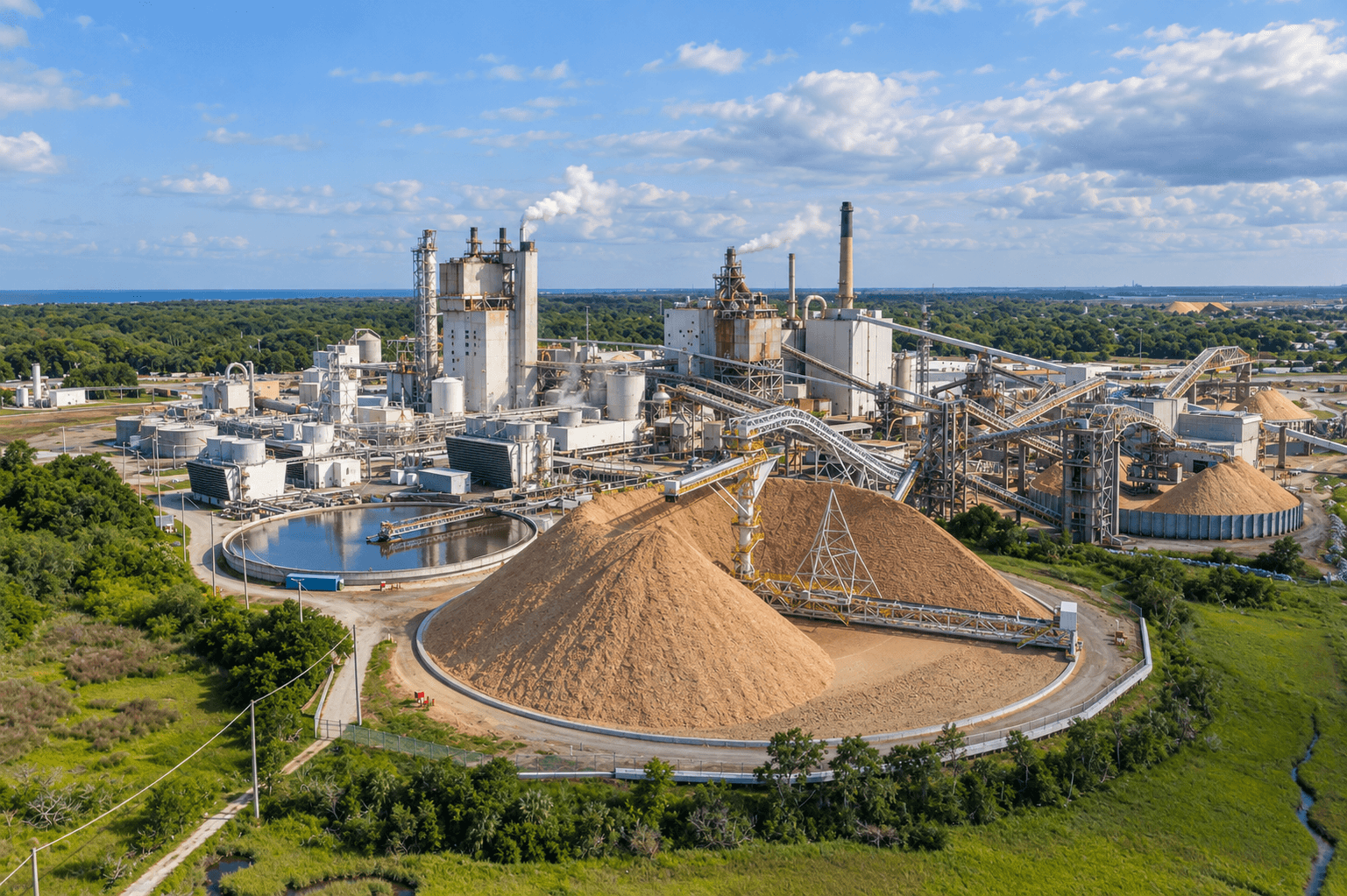 Representative industrial facility with process equipment, material storage and a water treatment basin