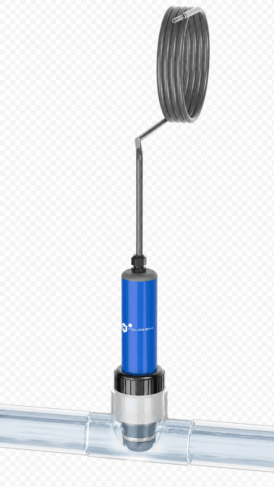 Halogen sensor installed directly into a clear PVC tee