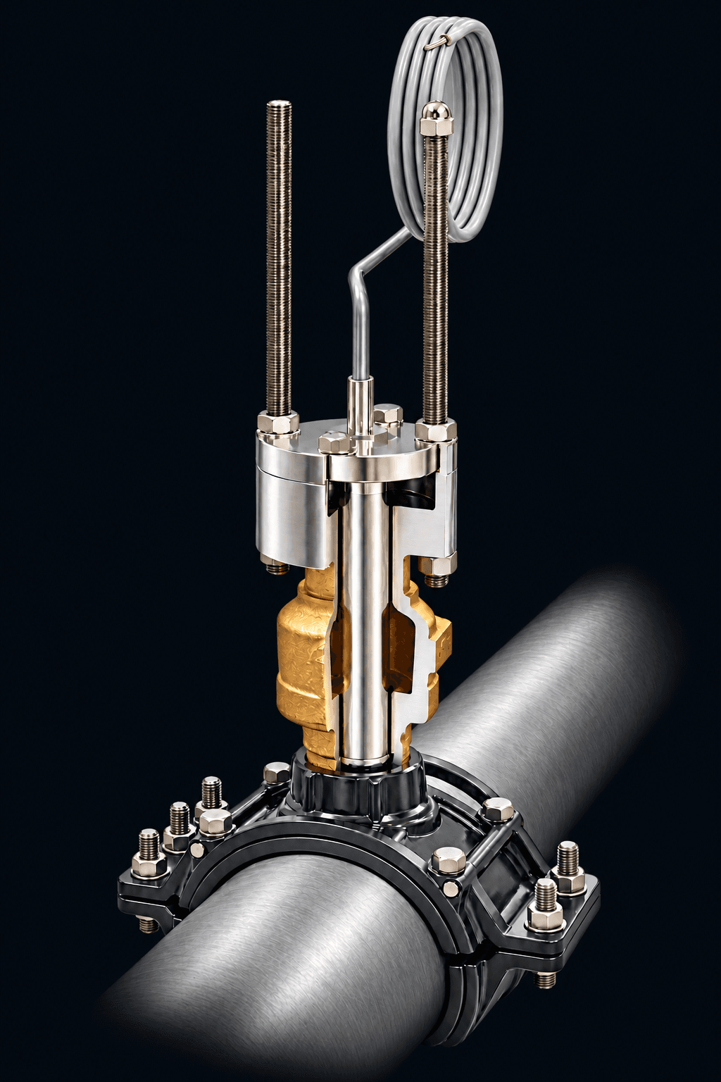 Cutaway of a Halogen wet-tap sensor assembly installed in a pipe