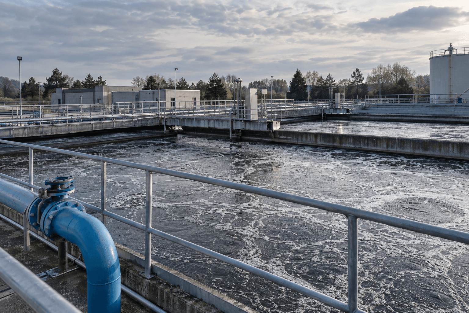 Representative wastewater treatment basins with metal walkways and process piping