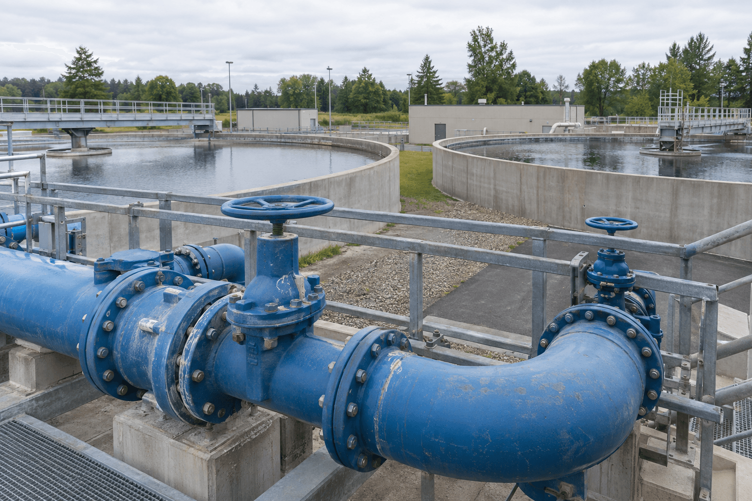Representative scene of water treatment basins and blue supply pipes