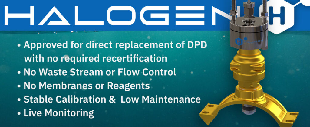 Benefits listing for Halogen TRO Chlorine Sensor for Ballast Water Management Systems (BWMS). The text says:  Approved for direct replacement of DPD with no required recertification. No Waste Stream or Flow Control. No Membranes or Reagents. Stable Calibration & Low Maintenance. Live Monitoring