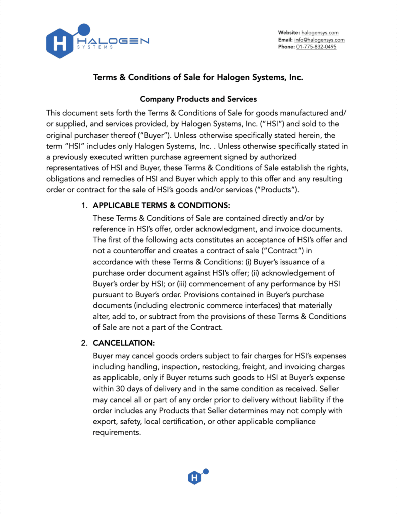 Halogen Systems Inc. Terms and Conditions paper for their Amperometric Chlorine Sensors